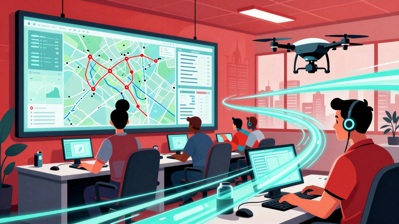 Team in control center monitoring logistics data and drone deliveries in vibrant comic style.