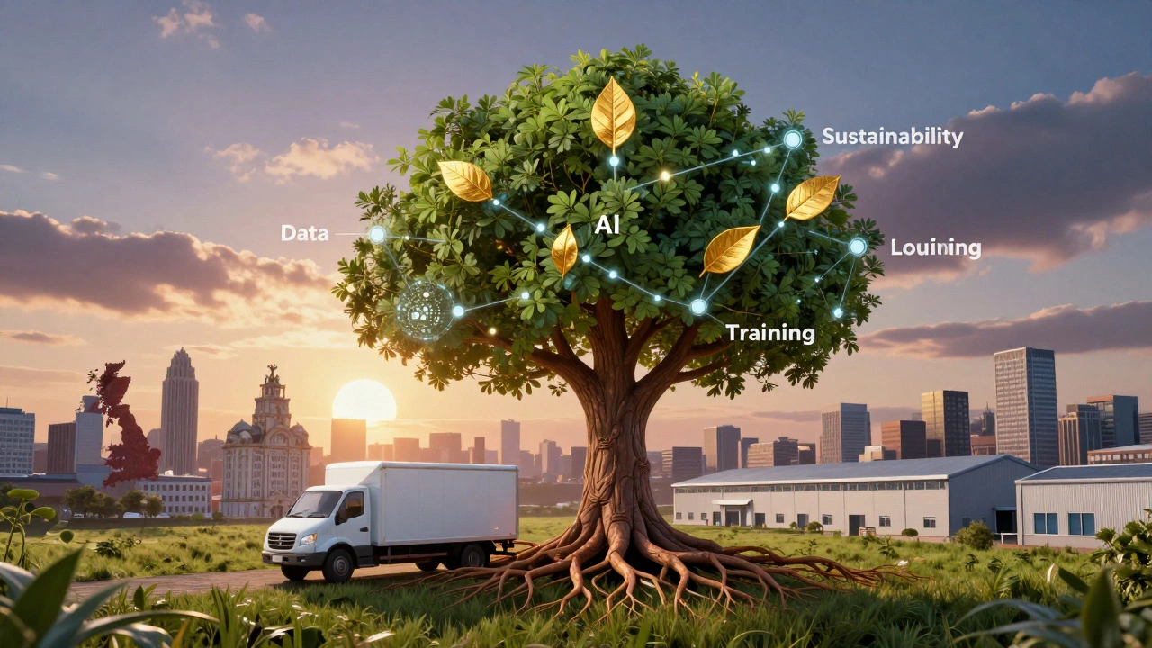 Tree with logistics-themed roots and digital branches symbolizing industry growth and opportunity.