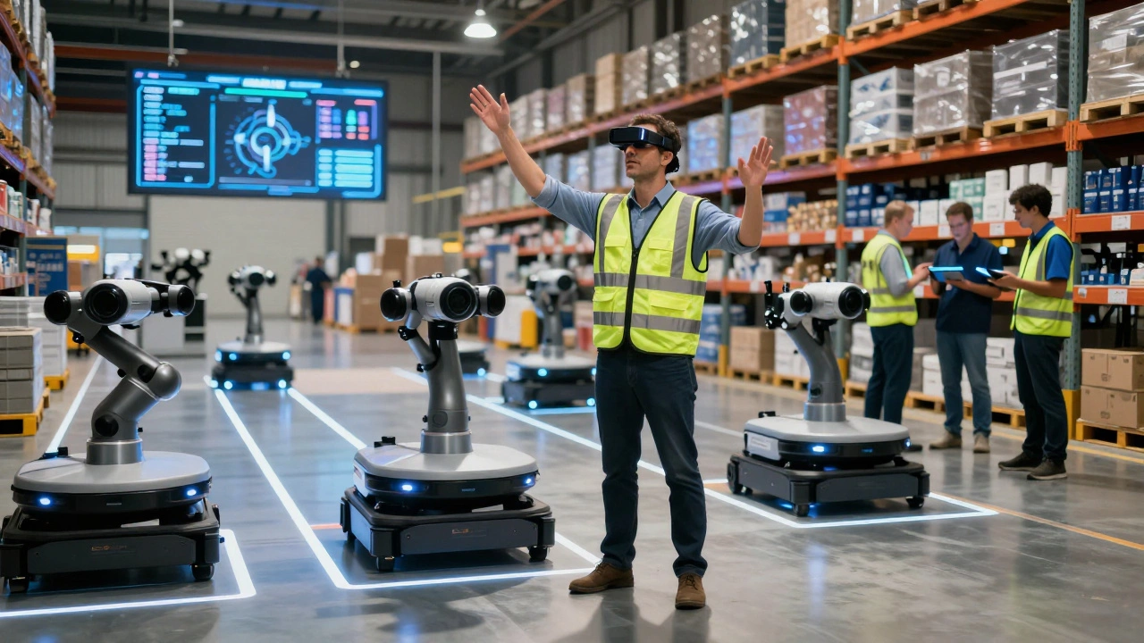 Warehouse manager using AR glasses to oversee automated robots in a high-tech fulfillment center.