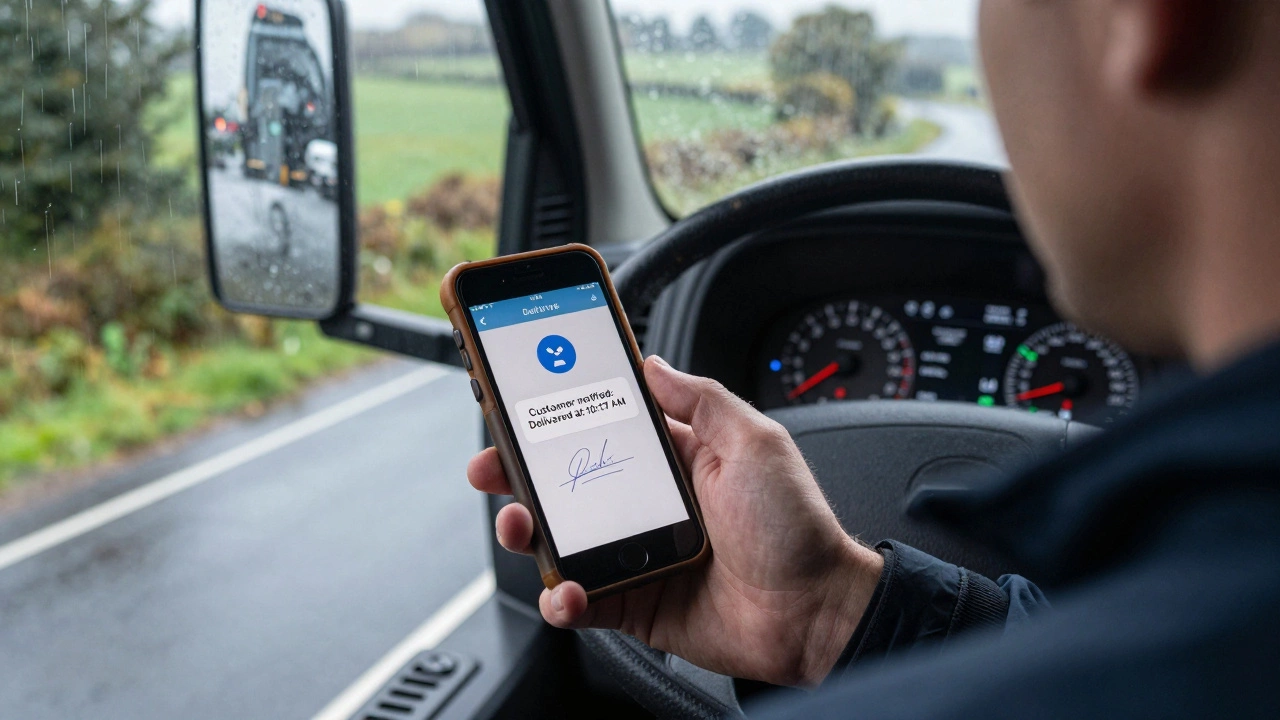 A truck driver using a smartphone app to confirm a delivery with digital signature and real-time alerts in rainy conditions.