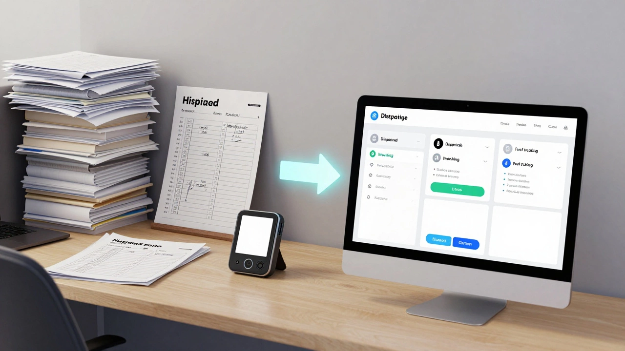 Contrast between chaotic paper-based logistics and a streamlined digital fleet management system.