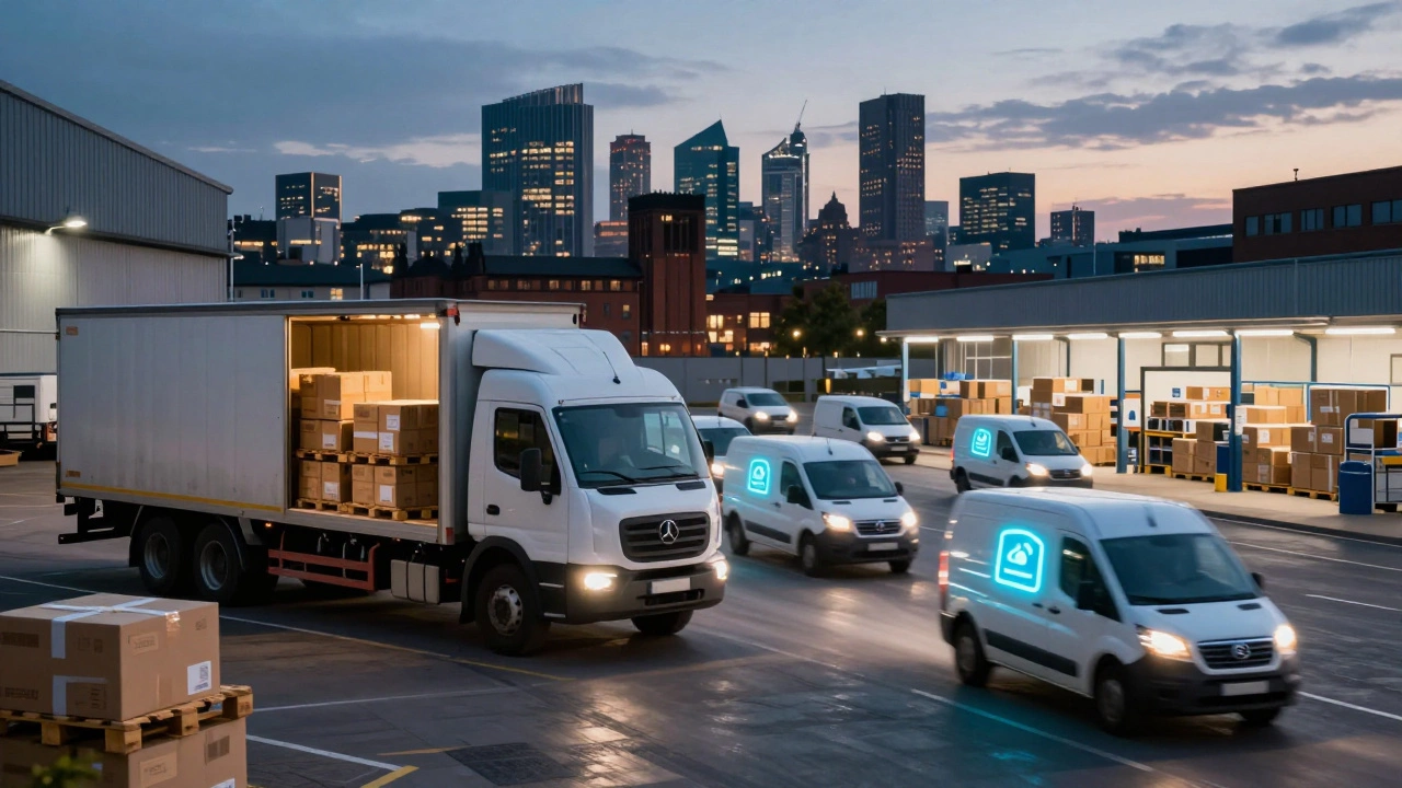 Contrast between traditional bulk logistics and modern e-commerce delivery vans in an urban setting.