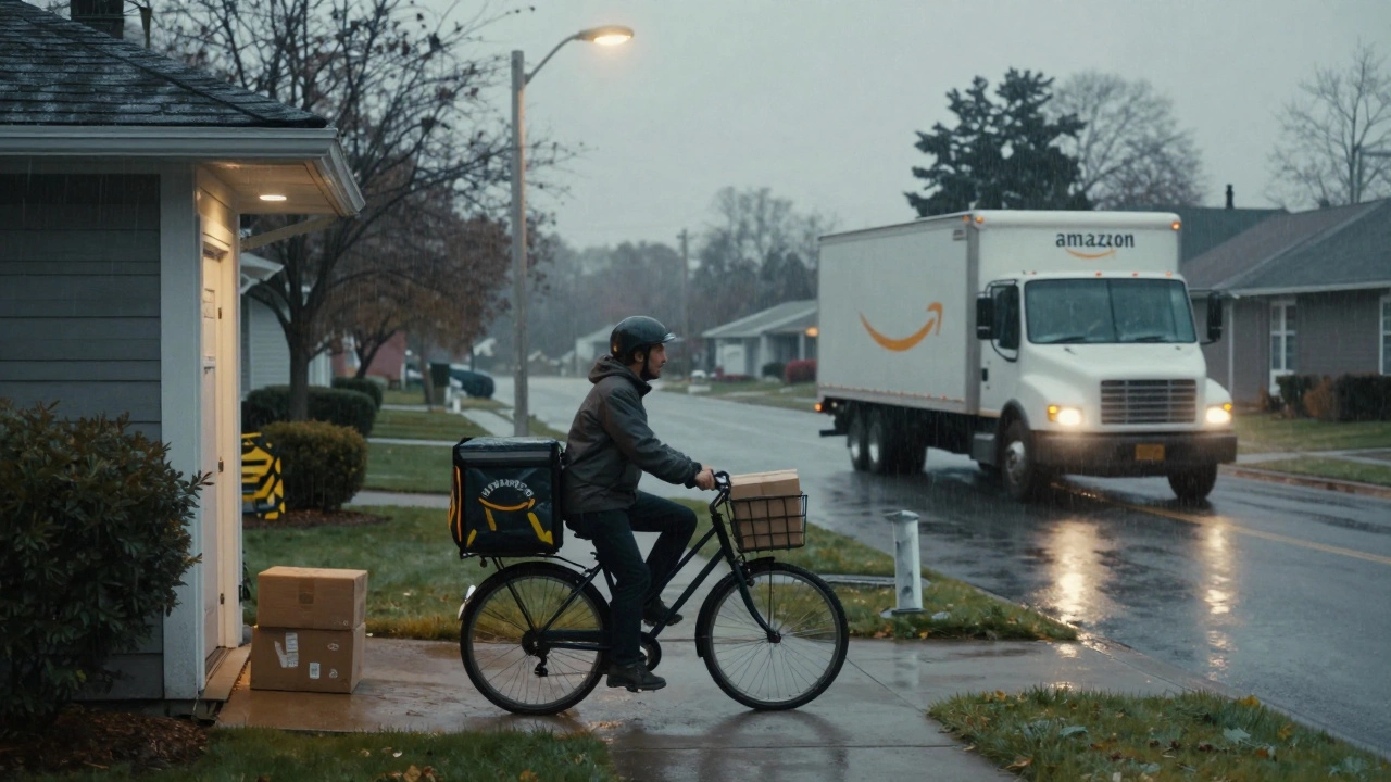 Delivery person picking up an online return from a home while a large delivery truck drives away.