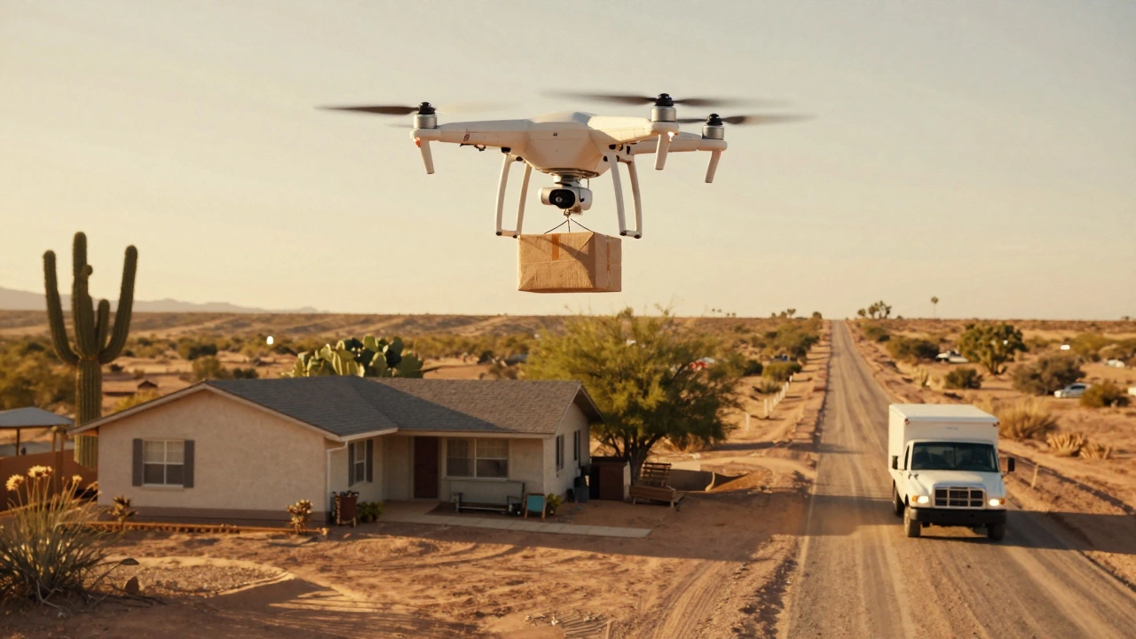 Drone delivering a package to a rural home while a truck travels far away.