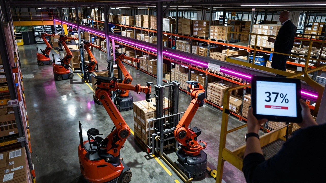 E-commerce fulfillment center at night with robots in motion and manager on catwalk reviewing performance metrics.