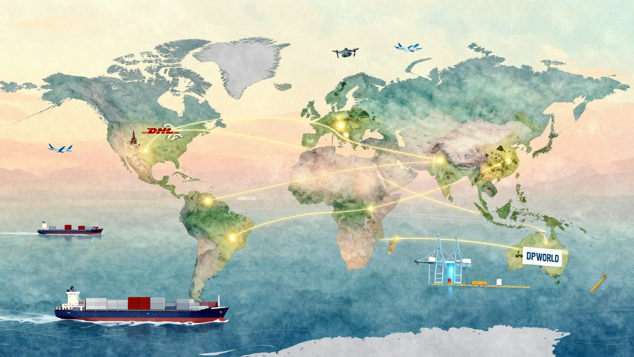Global supply chain network with ships, planes, drones, and data streams connecting continents.