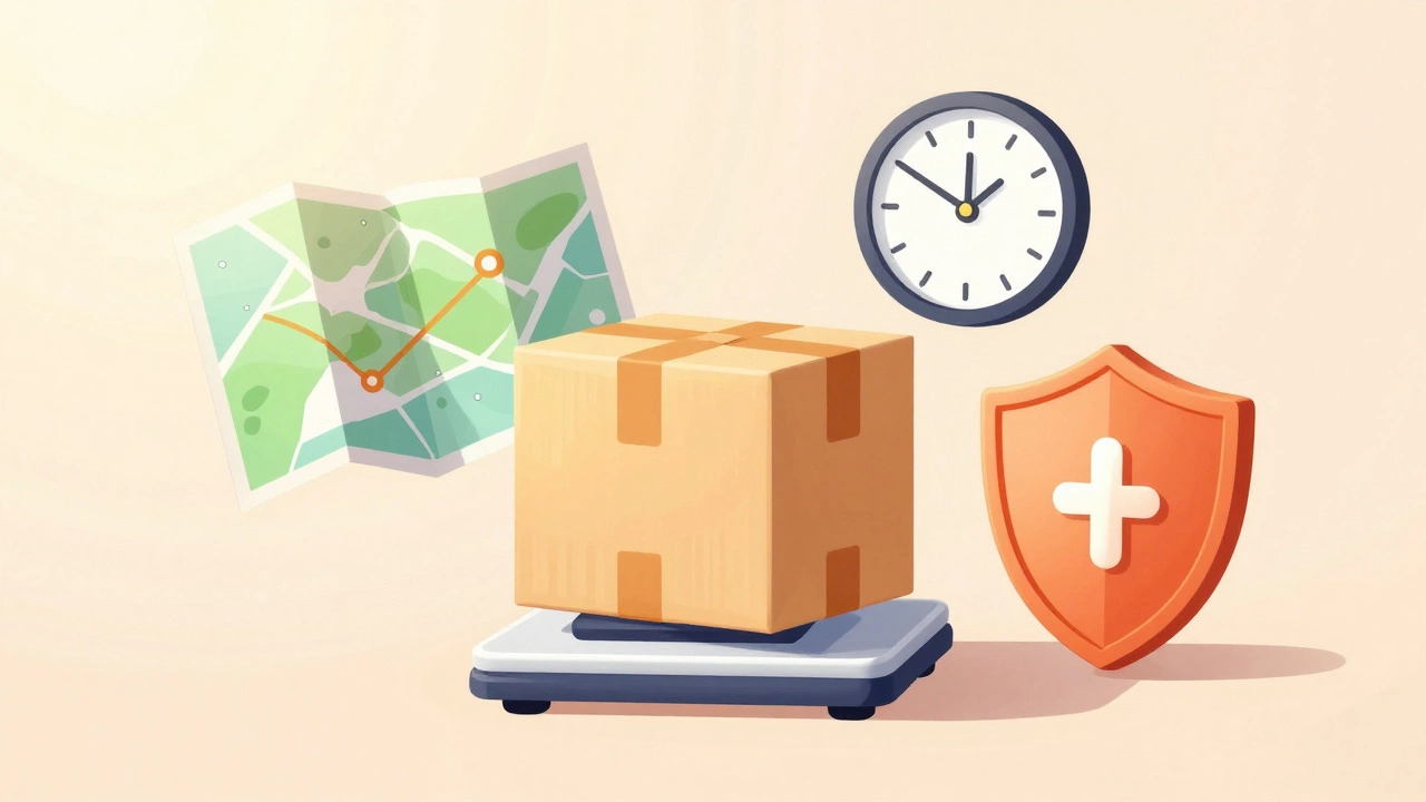 Package on scale with map, clock, and insurance icon illustrating pricing factors.