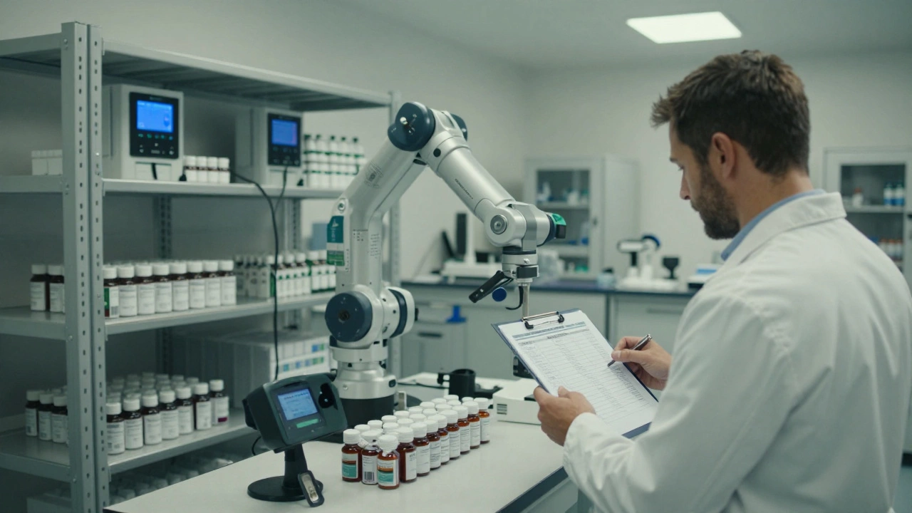 Pharmaceutical warehouse with robotic arms and temperature sensors under sterile lighting.