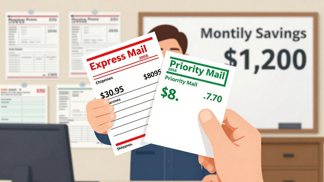 Small business owner holding two shipping labels, one Express Mail and one Priority Mail, with savings total visible on a whiteboard behind.
