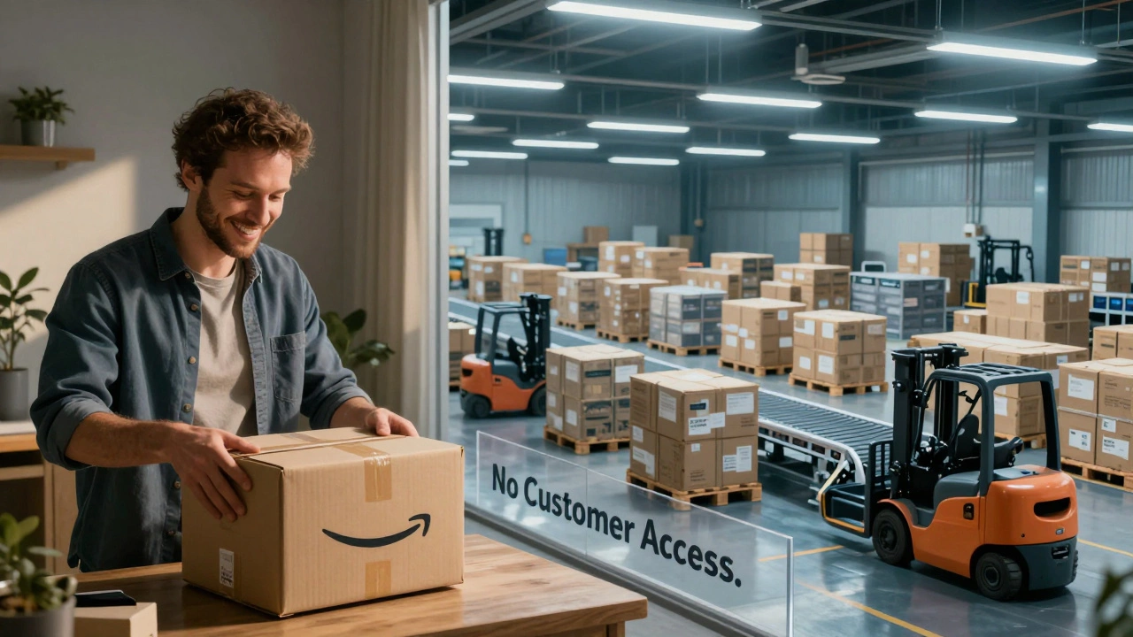 Split image: happy customer unboxing at home vs. hidden logistics of thousands of pallets moving through Amazon's warehouse.