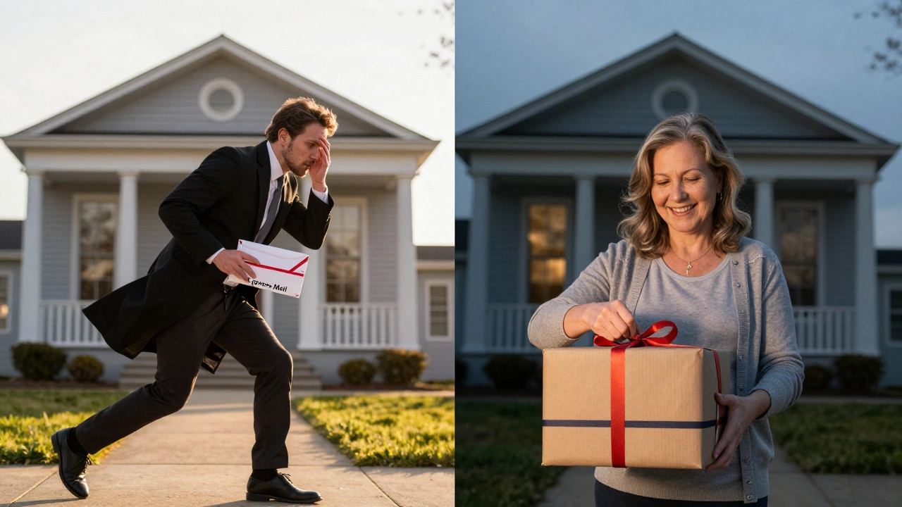 Split image: lawyer rushing to courthouse with Express Mail envelope on left, grandmother opening gift via Priority Mail on right.