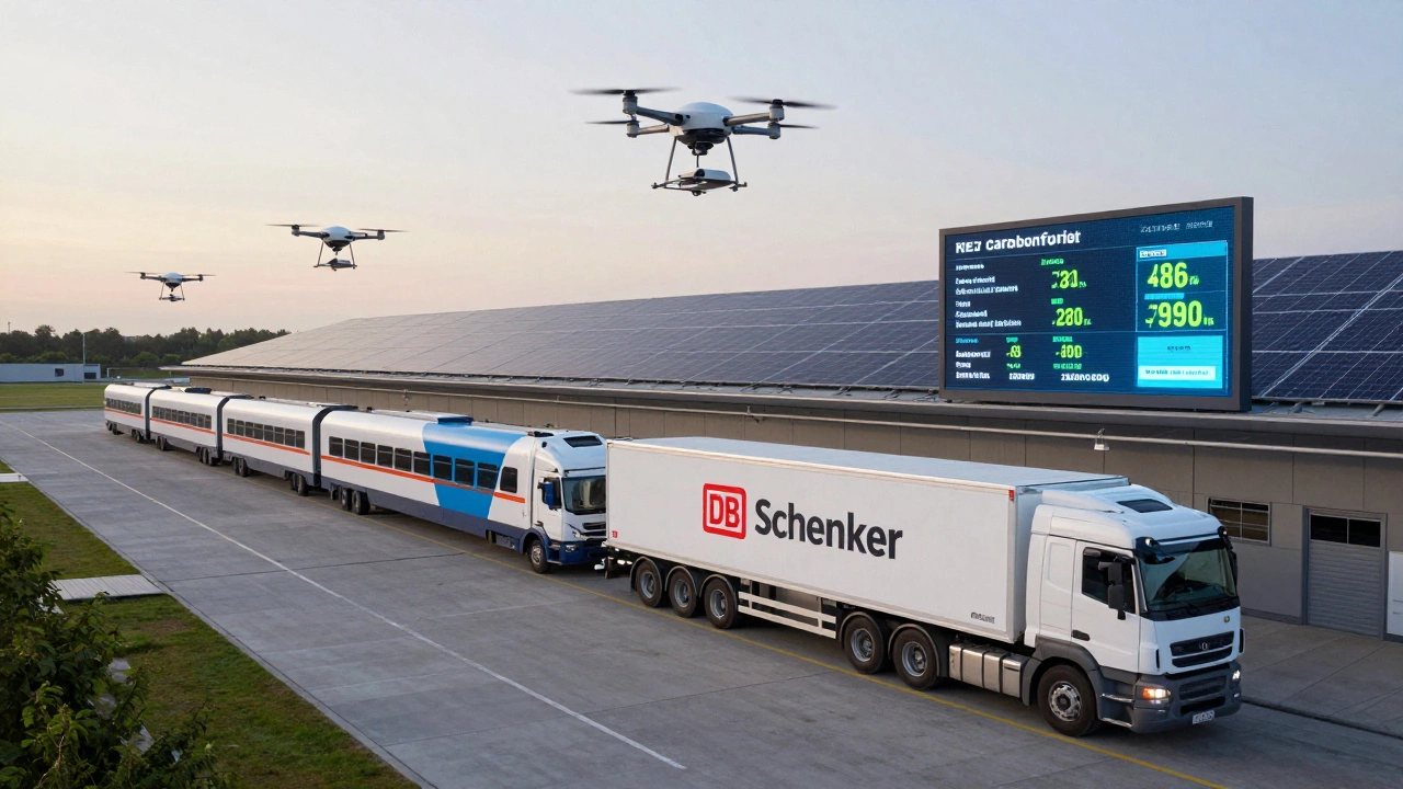 Sustainable logistics hub with electric trucks, hydrogen trains, and drones under solar panels.