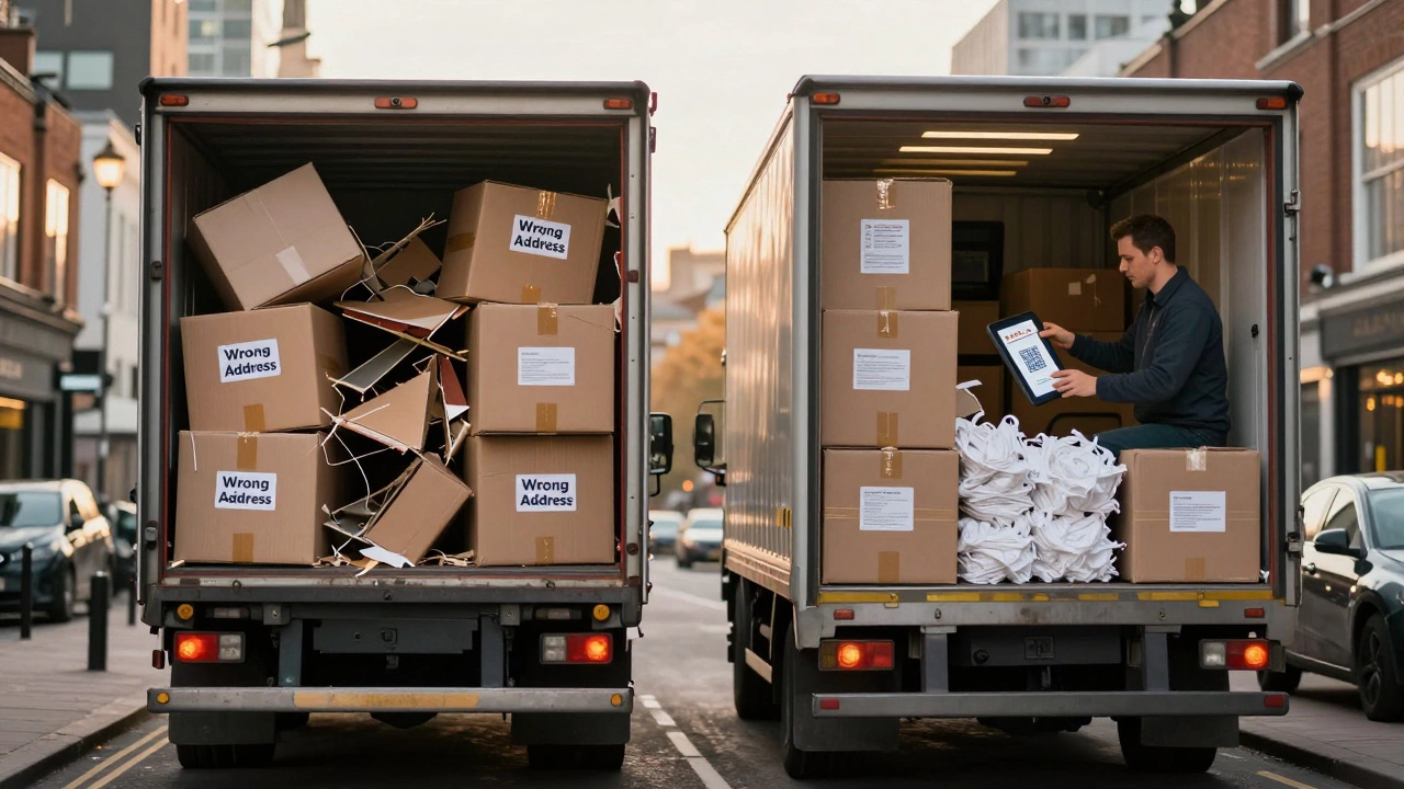 Two delivery trucks side by side: one messy with damaged goods, the other neatly packed with labels.