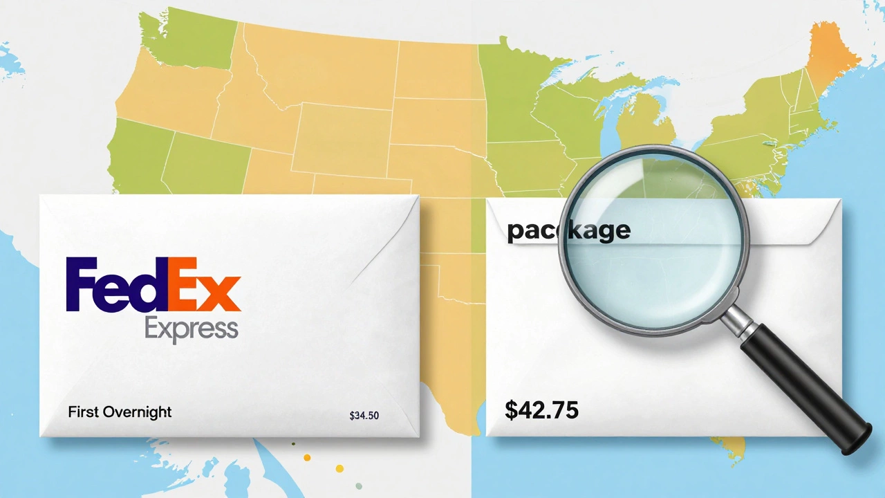 Two envelopes side by side: one labeled as a letter with .50 price, the other as a package with .75 price, beside a U.S. map highlighting zones.