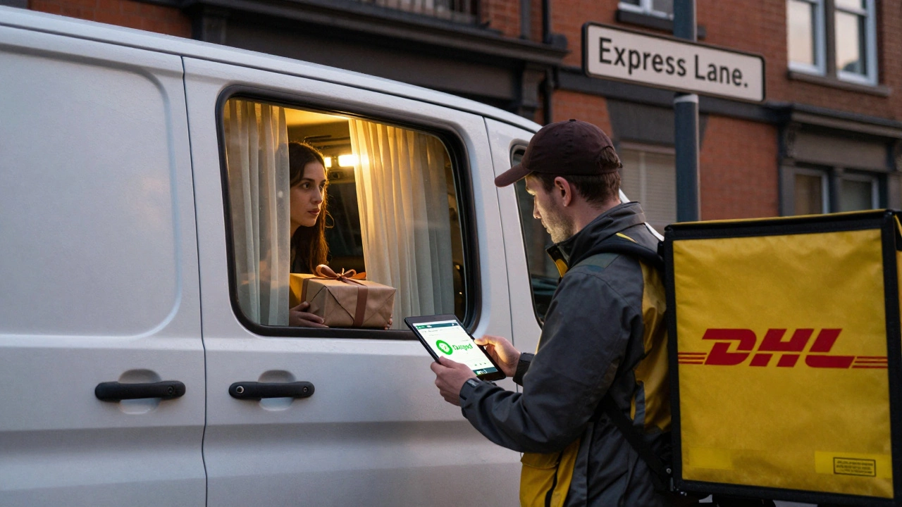 A delivery driver outside an apartment building checking a delayed delivery alert at dusk.