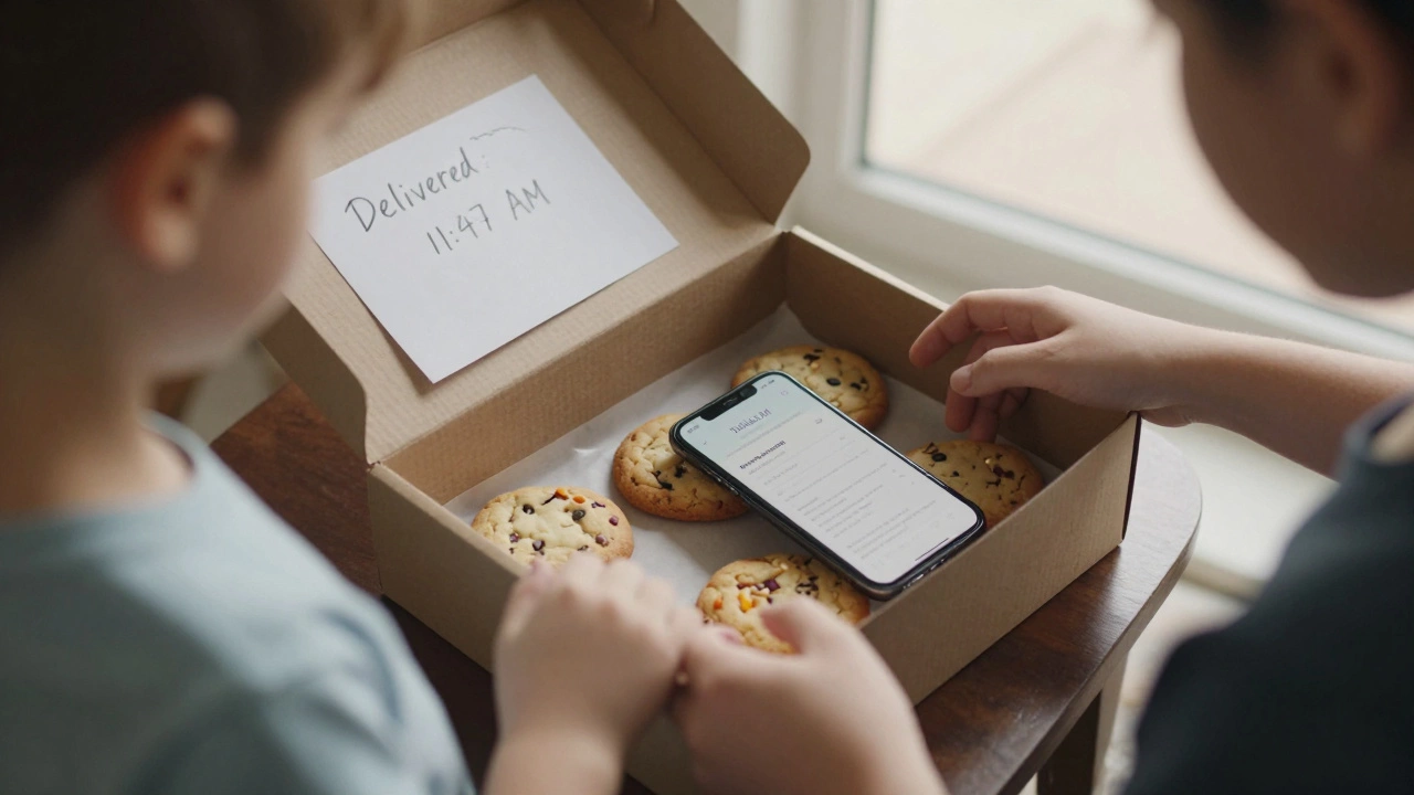 A family opens a box of freshly delivered homemade cookies on their doorstep.