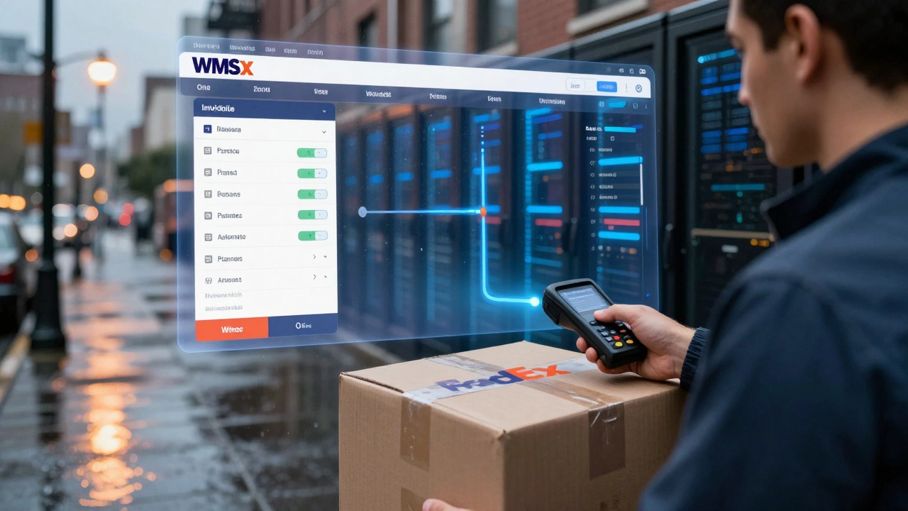 A FedEx driver scanning a package while an invisible digital system overlays routing and AI predictions in the background.