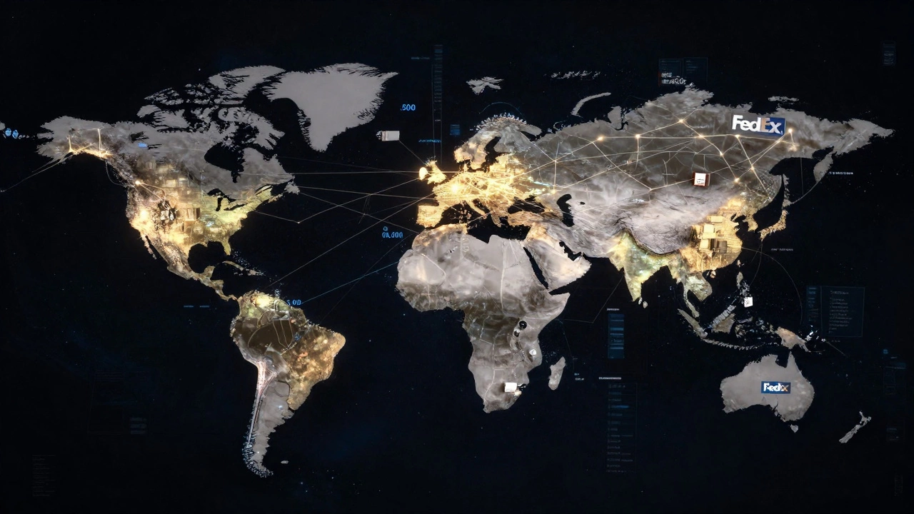 A global network of FedEx facilities connected by glowing data streams showing real-time package routing across continents.