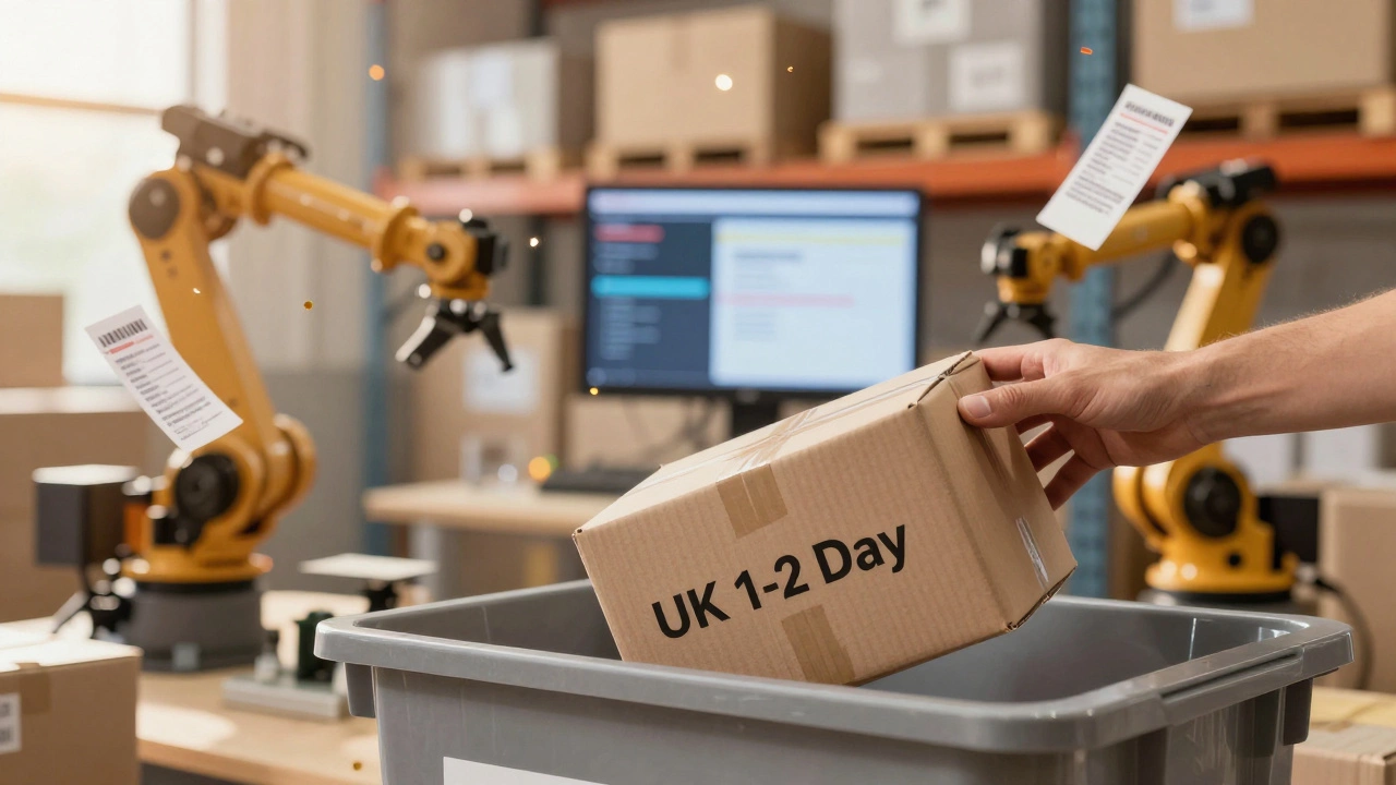 A single package being loaded into a delivery bin as robotic arms and digital dashboards blur behind it in a glowing warehouse.