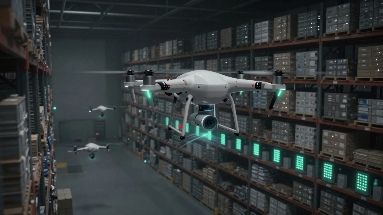 A warehouse drone scans inventory using thermal sensors and RFID tags in a high-bay storage facility.