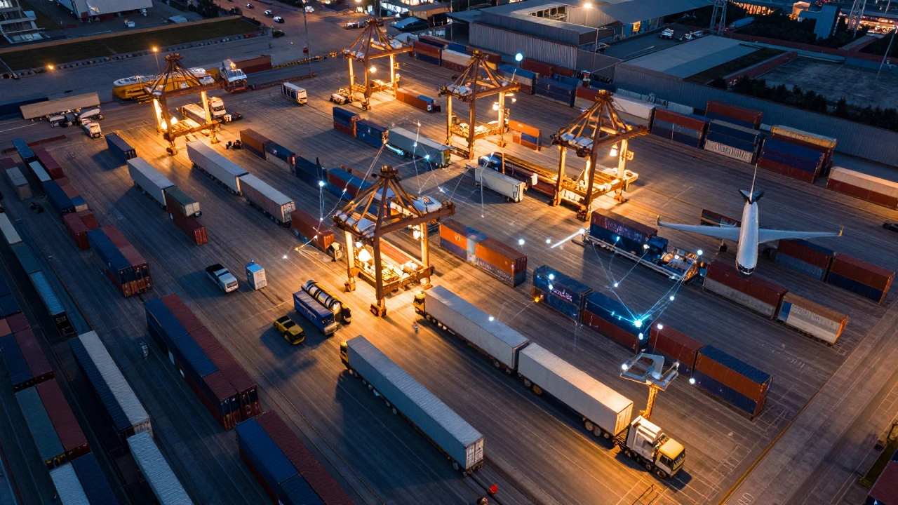 Aerial view of logistics hub with trucks, planes, and ships connected by data flows at dusk.