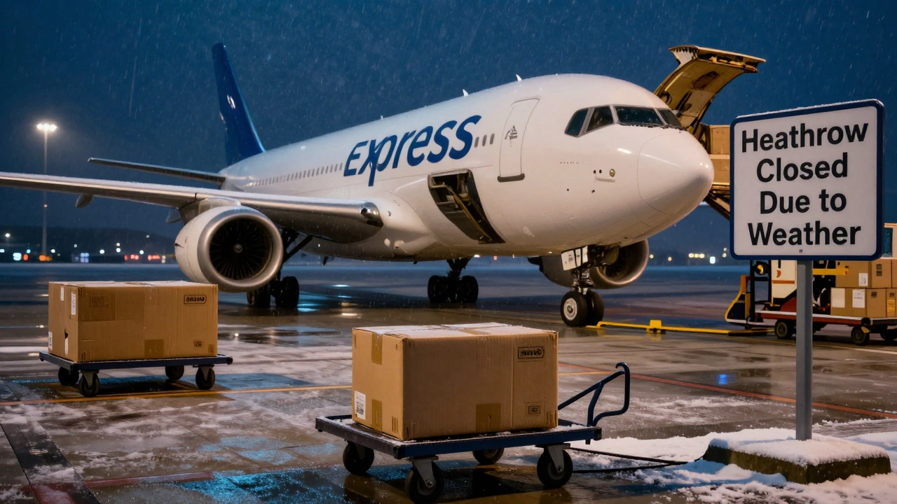 An express package left behind on a snowy airport tarmac as planes are grounded due to weather.