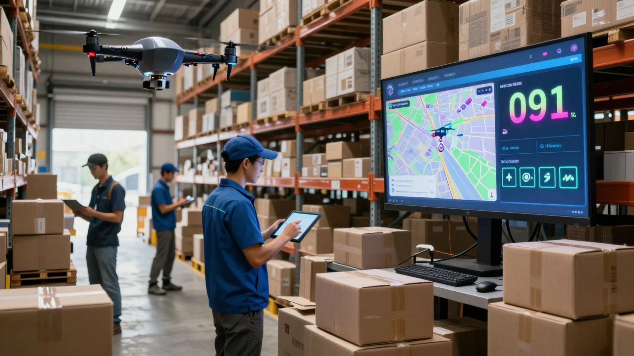 Couriers scan packages in a high-tech warehouse with digital tracking displays.