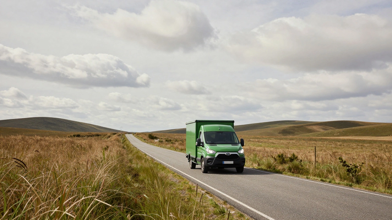 Delivery vehicle driving alone on rural road through open countryside landscape
