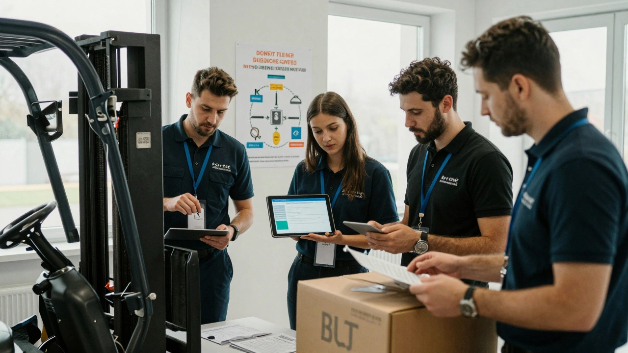 Entry-level logistics staff in training, holding forklift keys, tablets, and manifests in a well-lit classroom setting.