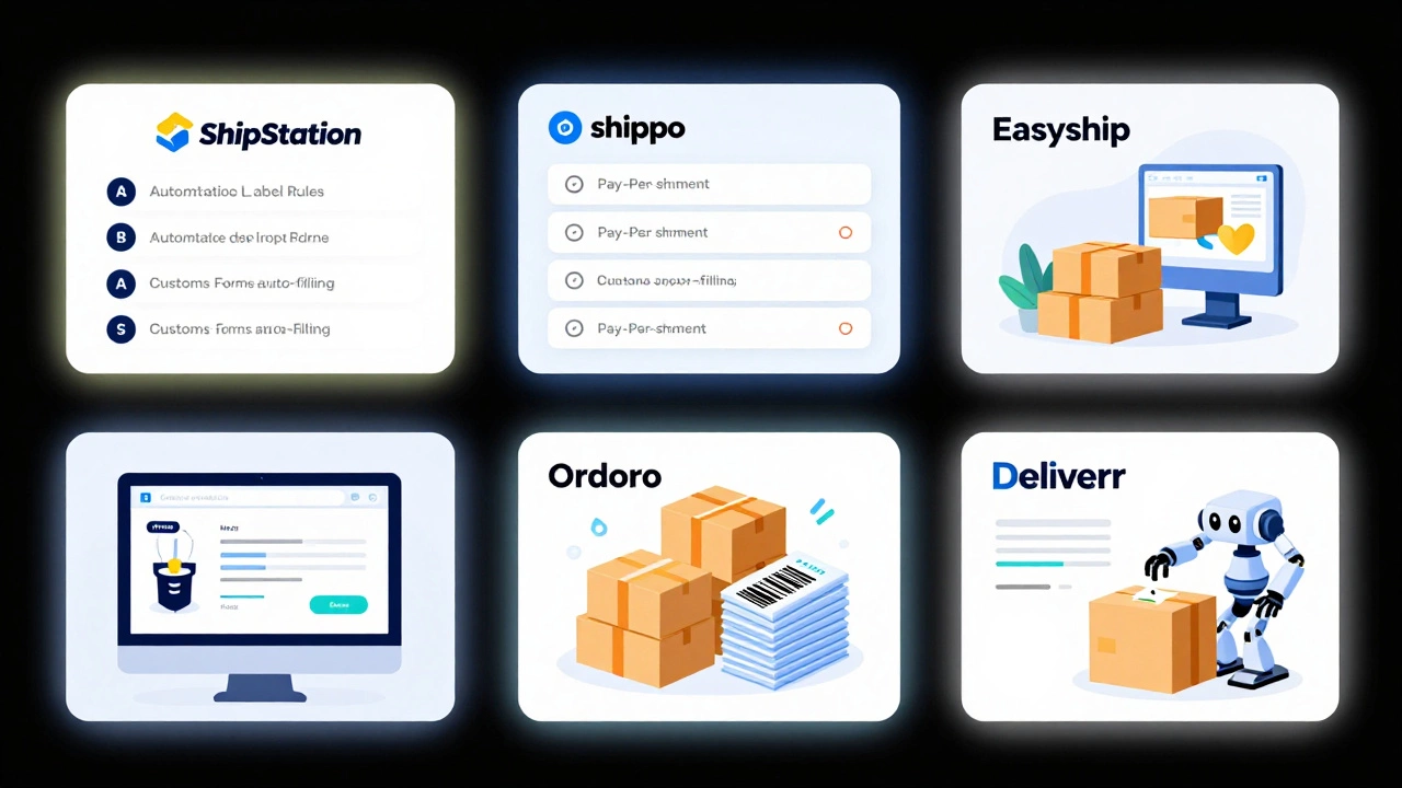 Five logistics platforms visually compared with distinct icons representing their core functions: label automation, pay-per-shipment, customs forms, inventory scanning, and warehouse robotics.