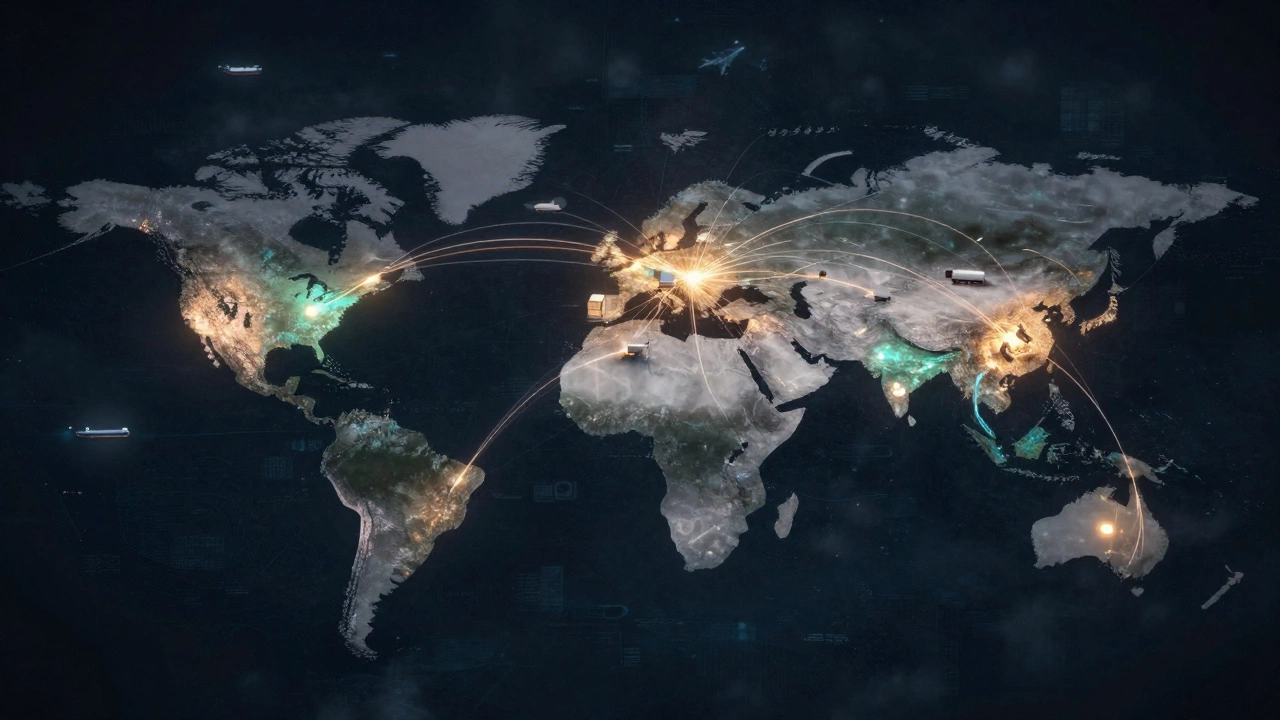 Glowing data streams connect global logistics hubs at night, showing shipping routes and delivery networks.