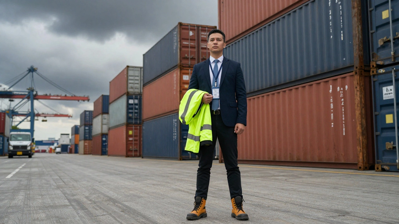 Logistics professional in safety gear at shipping port