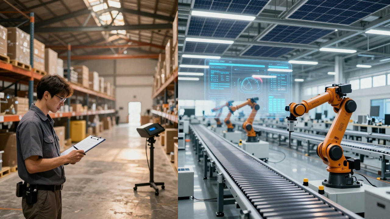 Side-by-side comparison of a traditional warehouse and a high-tech 2026 smart warehouse with digital twin overlay.