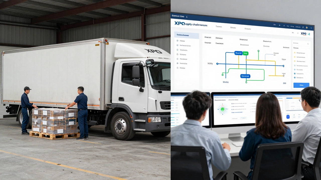 Split view: traditional truck yard on left, supply chain engineers on right.