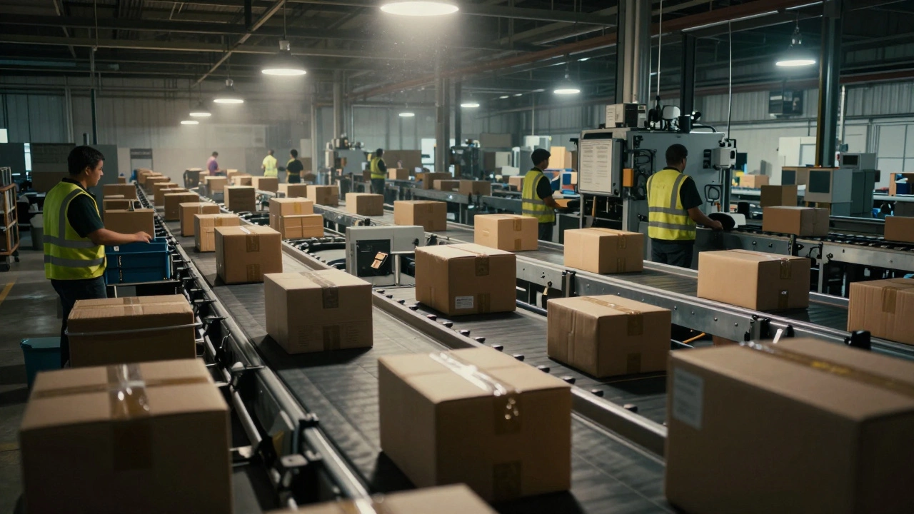 Workers overseeing conveyor belts sorting parcels in industrial distribution facility