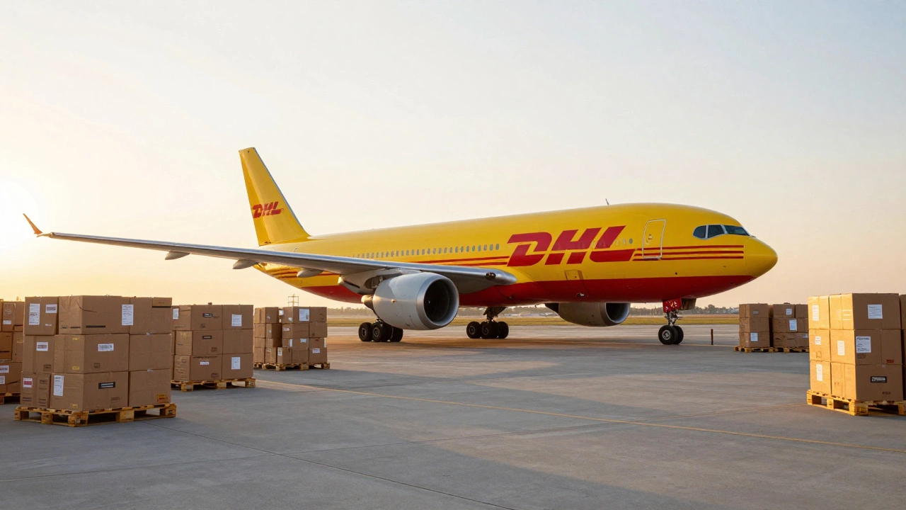 A DHL cargo plane on a runway at sunrise with shipping parcels ready for transport.