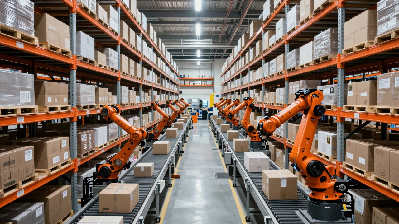 A high-tech automated warehouse with robotic conveyor belts and towering shelves.
