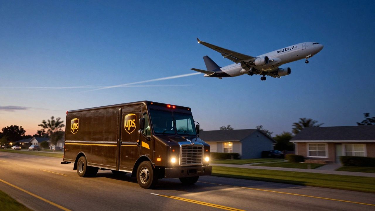 A split screen showing a delivery truck on a road and a cargo plane in the sky