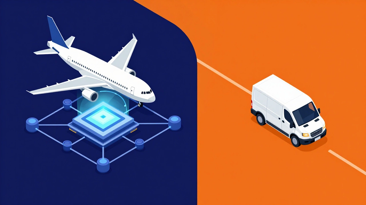 An isometric illustration comparing a complex shipping hub network with a direct courier route.