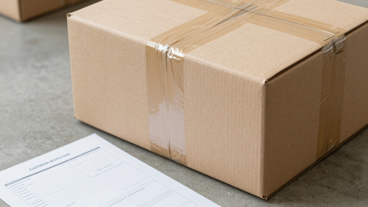 Close-up of a securely taped shipping box and a completed customs declaration form.