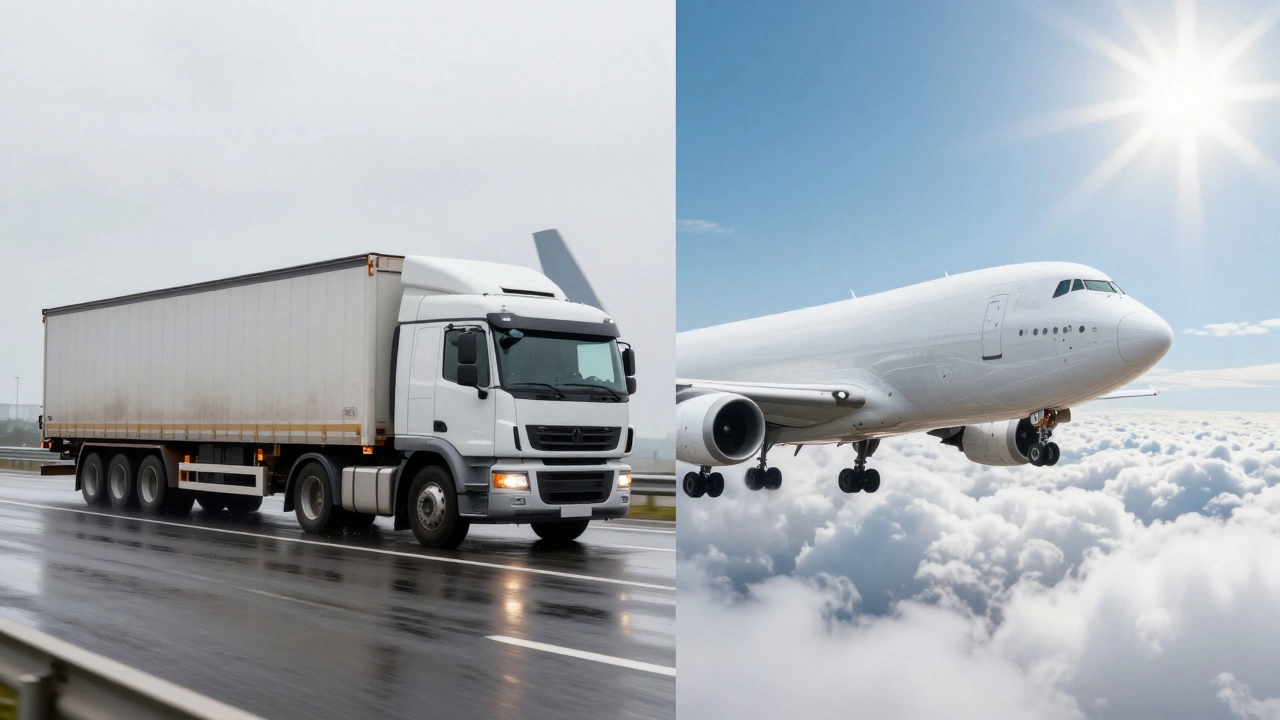 Comparison between a cargo truck on a highway and a fast cargo jet flying above clouds
