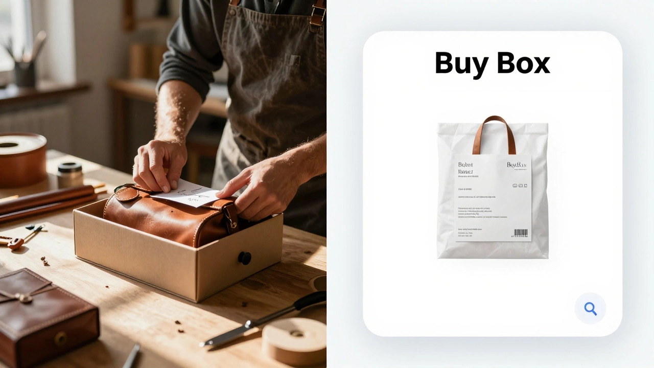 Comparison between an artisanal brand packaging and a digital marketplace buy box.