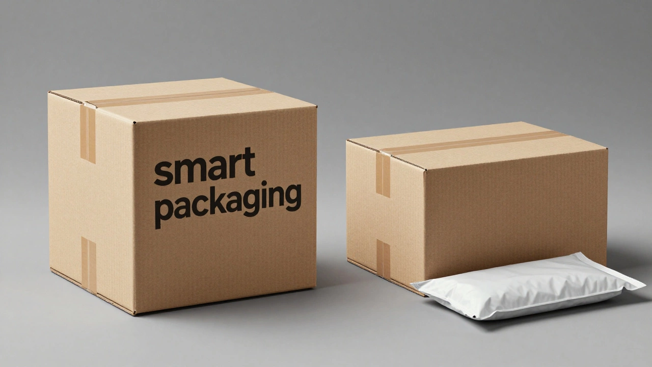 Comparison of an oversized shipping box versus a perfectly sized box and poly mailer