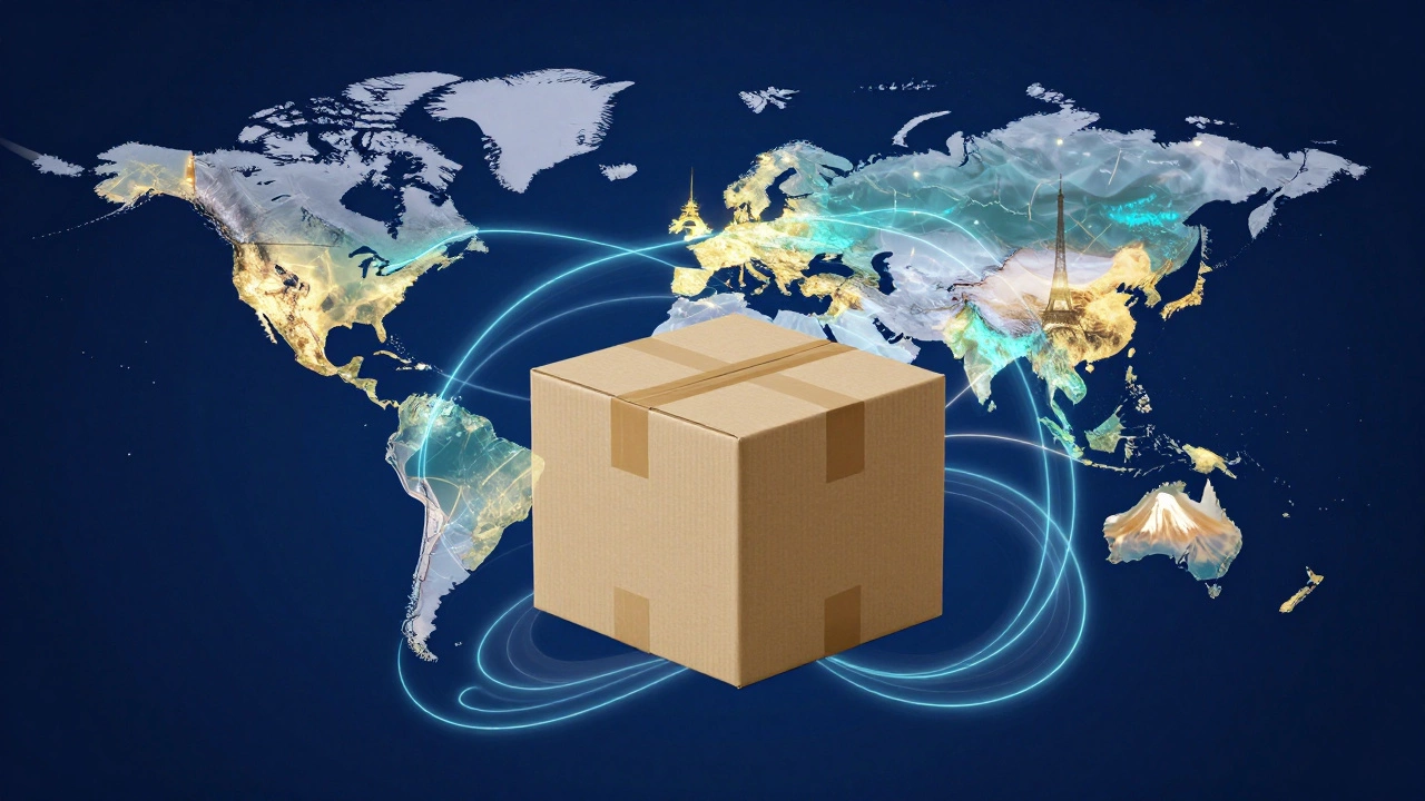 Conceptual art of a package connected to global landmarks by glowing neon lines.