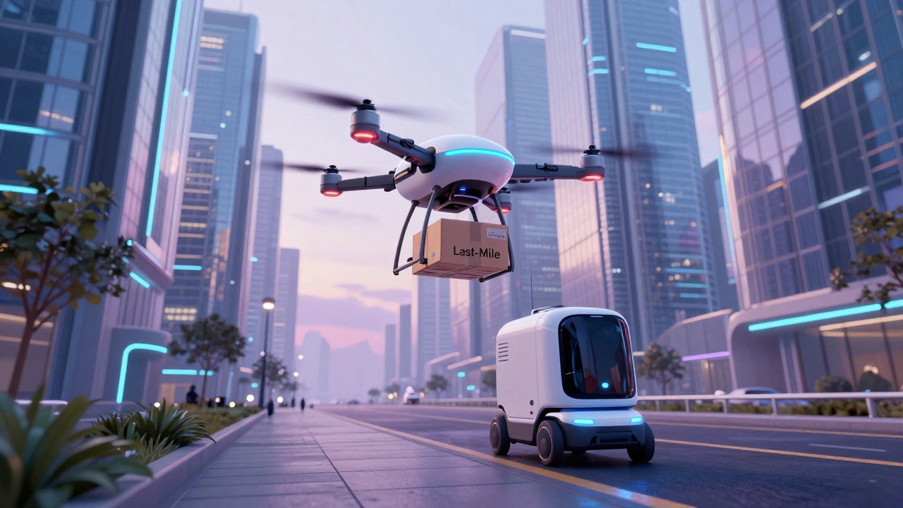 Futuristic city scene with a delivery drone and a robotic rover delivering packages