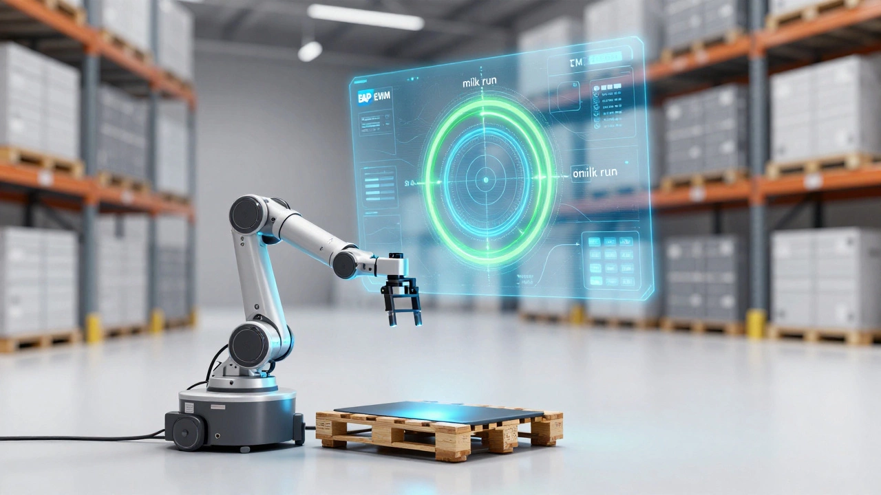 Futuristic warehouse with robotic pickers and a holographic map of optimized delivery routes.