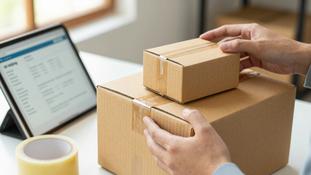 Hands choosing a smaller cardboard box to save on shipping costs in a home office