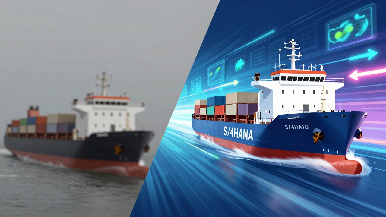 Split screen comparing slow legacy data processing with fast, real-time predictive logistics analytics.