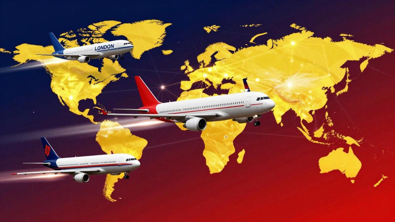 Stylized cargo planes flying across a digital global network connecting major cities