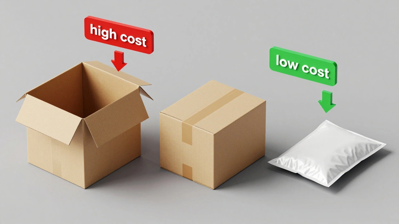 3D render comparing bulky vs compact packaging for shipping costs